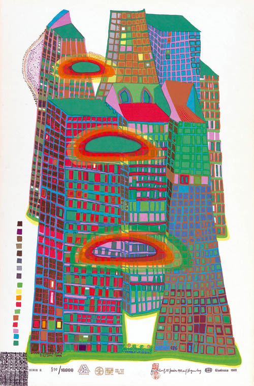 Hundertwasser - Good Morning City - Bleeding Town - series E - 1969 color screenprint